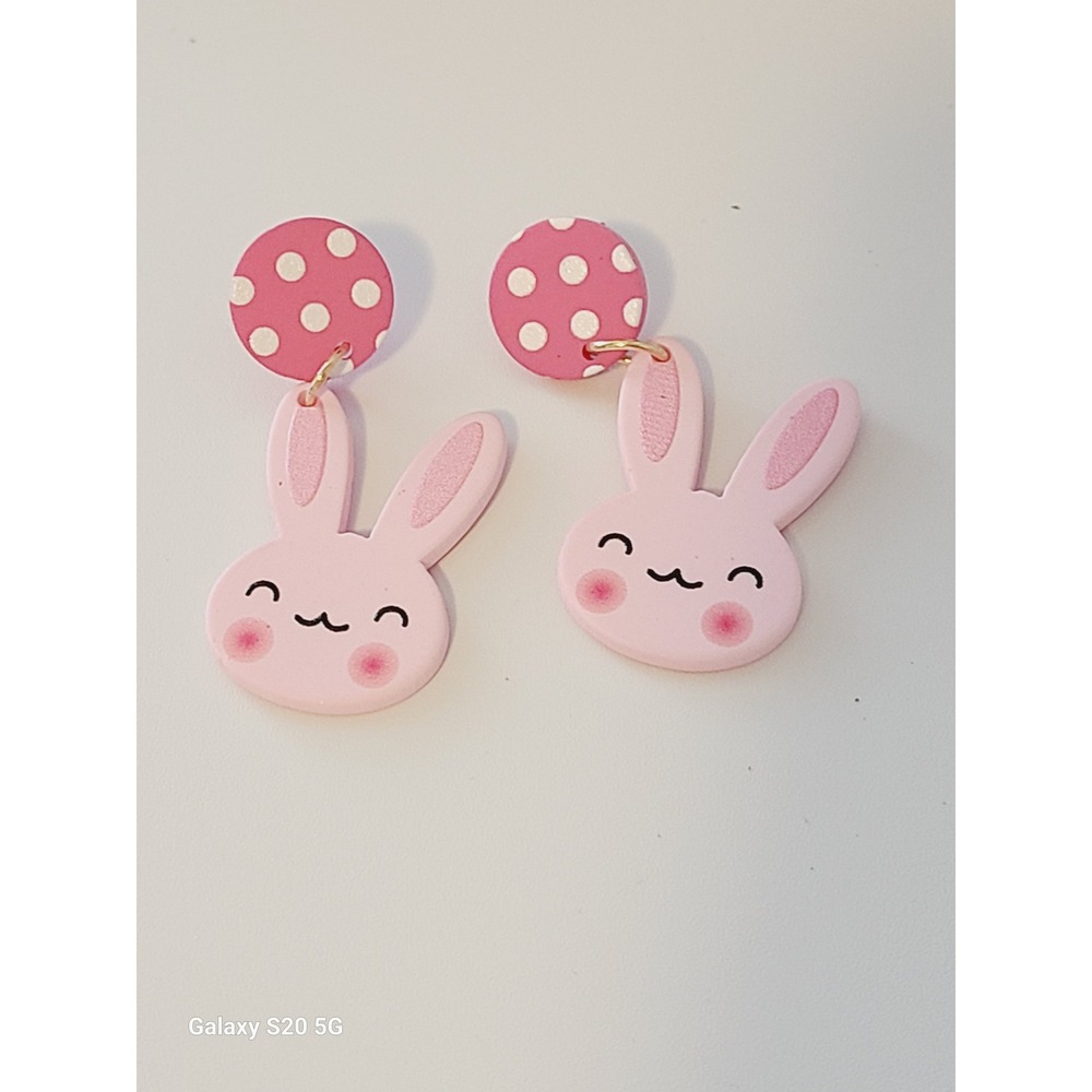 Pink Bunny Rabbit Polka Dot Drop Stud Earrings Handmade Jewelry NEW Easter - Picture 3 of 8